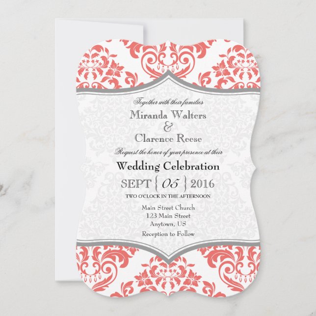 Coral Gray Damask Bracket Wedite Invite Einladung (Vorderseite)