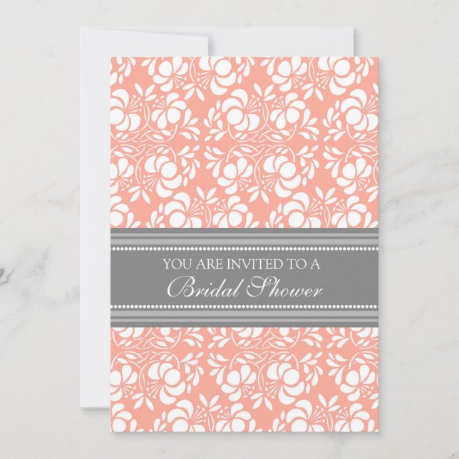 Coral Gray Damask Bridal Dusche Einladungskarten (Vorderseite)