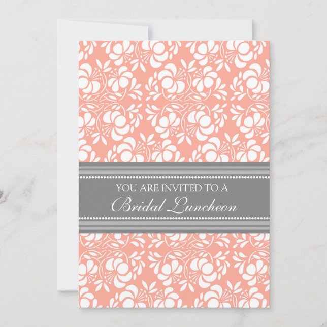 Coral Gray Damask Bridal Lunch Einladungskarten (Vorderseite)
