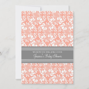 Coral Gray Damask Custom Baby Shower Einladungen