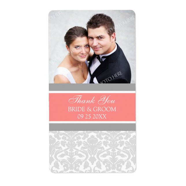 Coral Gray Damask Foto Wedding Labels (Vorne)
