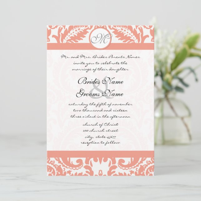 Coral & Gray Damask Hochzeitseinladungen Einladung (Stehend Vorderseite)
