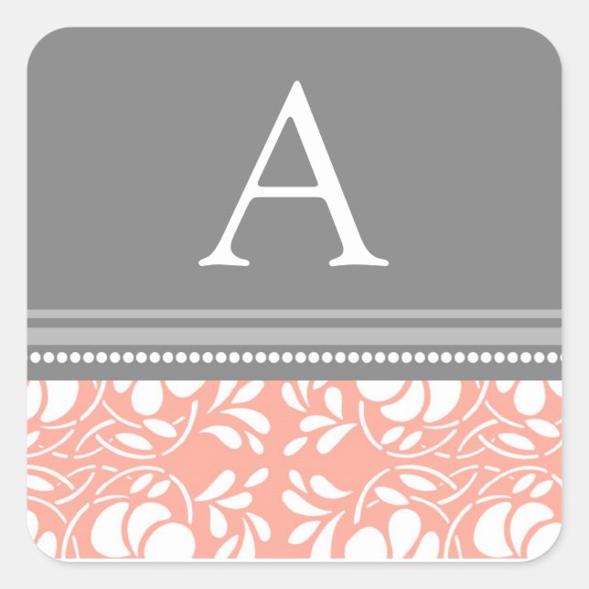 Coral Gray Damask Monogram Umschlag Aufkleber (Vorderseite)