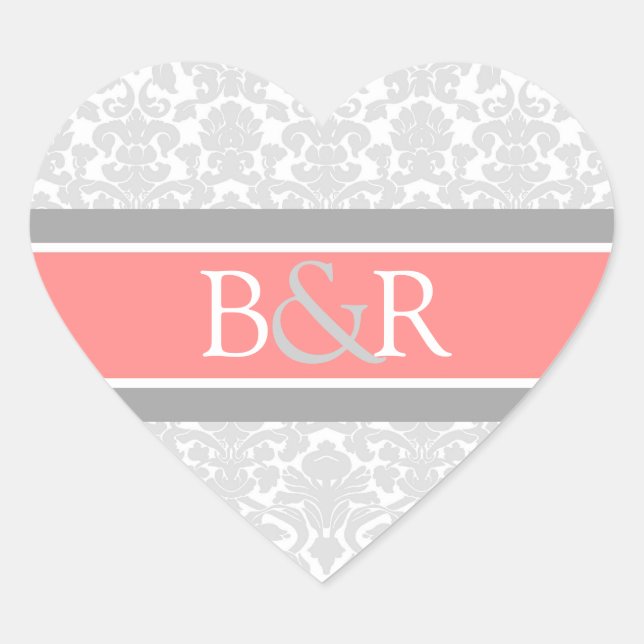 Coral Gray Damask Monogram Umschlag Aufkleber (Vorderseite)