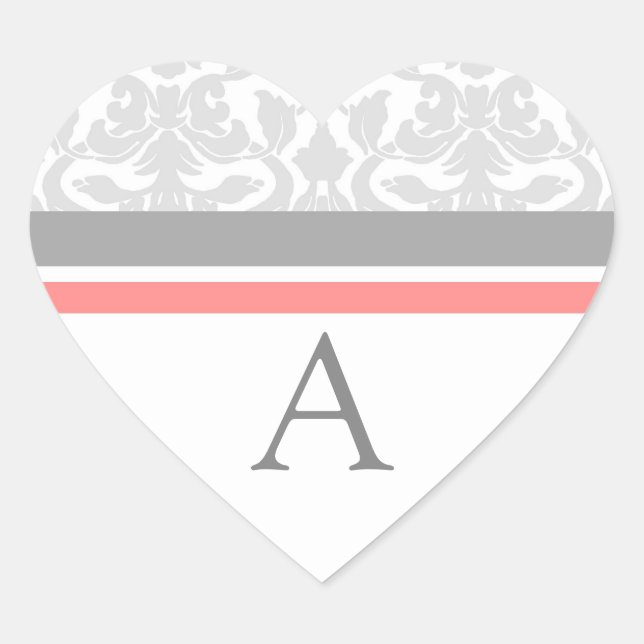 Coral Gray Damask Monogram Umschlag Aufkleber (Vorderseite)