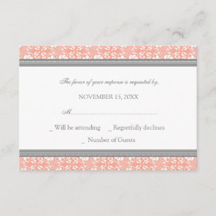 Coral Gray Damask UAWG Wedding Card RSVP Karte