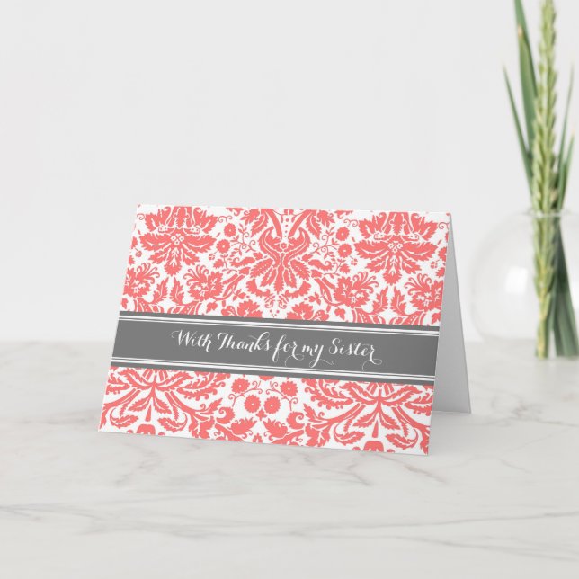 Coral Gray Damask Vielen Dank, Bridesmaid Schweste Dankeskarte (Vorderseite)