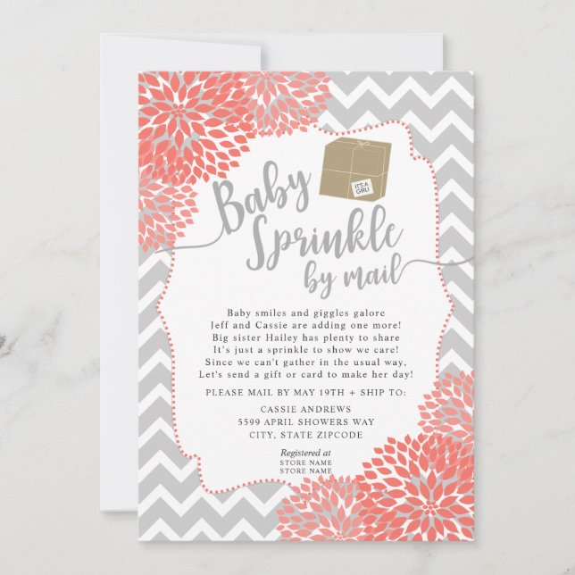 Coral Gray Floral Baby Sprinkle per Post Einladung (Vorderseite)