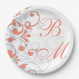 Coral Gray Floral Monogram Wedding Brautparty Pappteller
