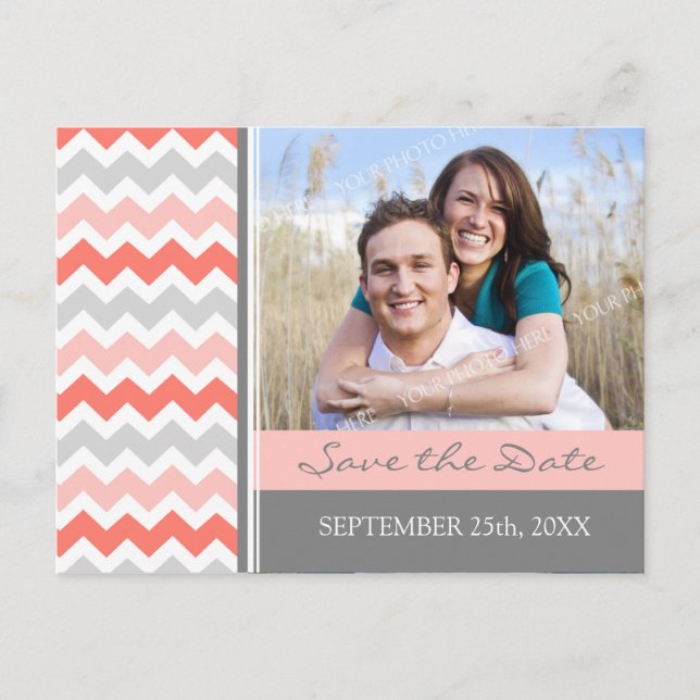 Coral Gray Foto Save the Date Hochzeitskarten Ankündigungspostkarte (Vorderseite)