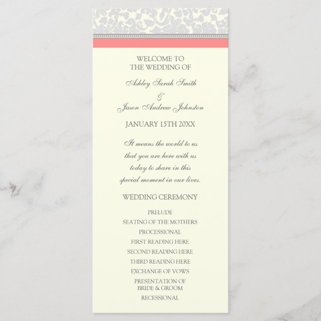 Coral Gray Off White Damask Hochzeitsprogramm Programm (Vorderseite)