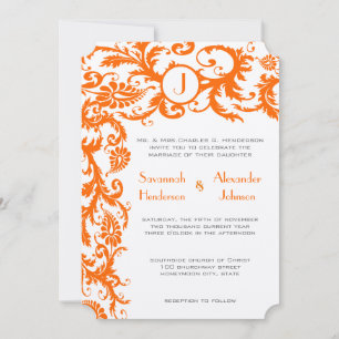 Coral & Gray Orange Damask Einladung