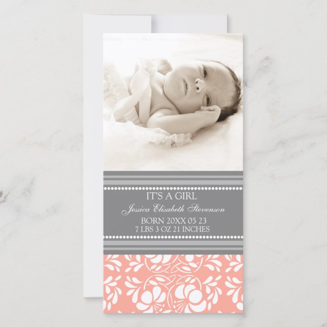 Coral Gray Template New Baby Birth Ankündigung (Vorderseite)