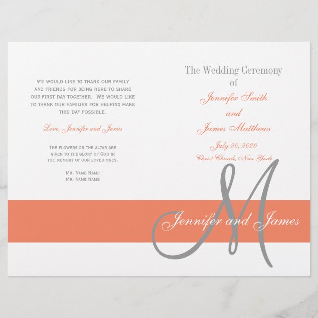Coral Gray Wedding Program | Monogramm (Vorderseite)