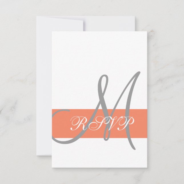 Coral Gray Wedding RSVP Card | Monogramm-Namen (Vorderseite)