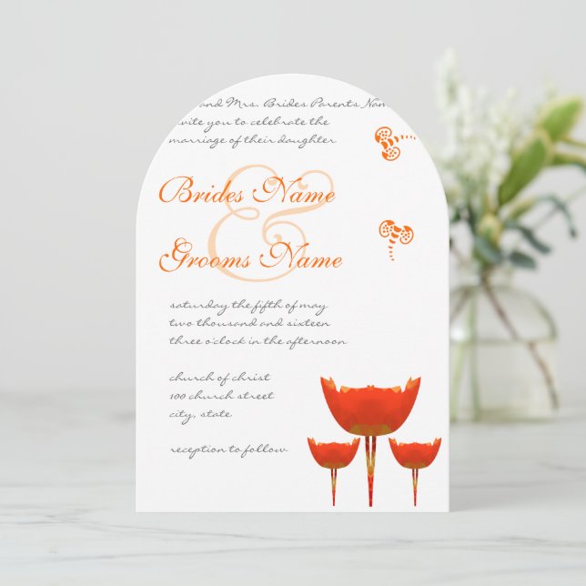 Coral & Grey Poppies Butterfly Wedding Einladung (Stehend Vorderseite)
