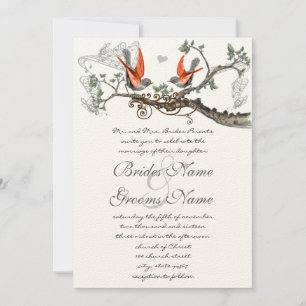 Coral & Grey Vintag Birds Hochzeitsempfang Einladung