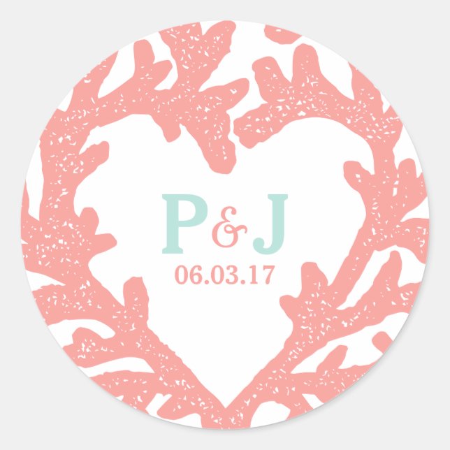 Coral Heart Aqua Beach Hochzeitsticker Runder Aufkleber (Vorderseite)