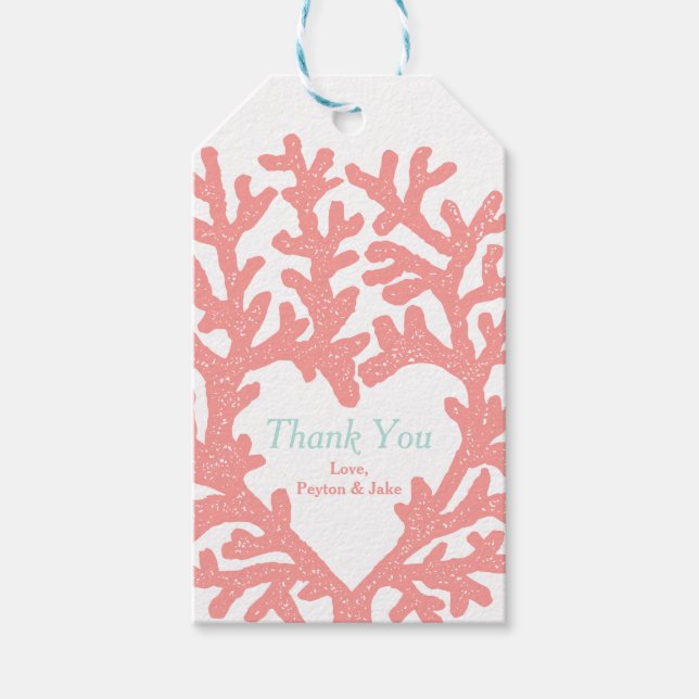 Coral Heart Aqua Beach Wedding Vielen Dank Geschenkanhänger (Vorderseite)