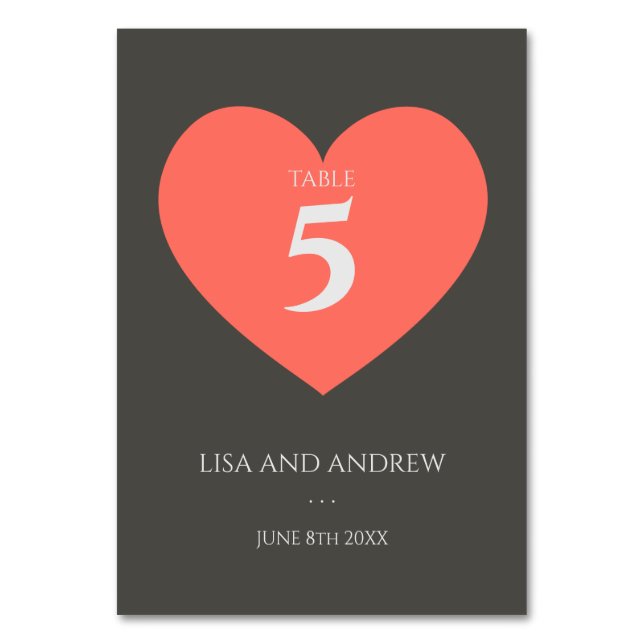 Coral Heart Wedding Tischnummer (Vorderseite)