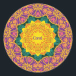 CORAL ~ Helle Weihnachtsfeiertage Blume Runder Aufkleber<br><div class="desc">Dies ist ein Kaleidoskop-Fraktal,  das auf dem Computer entwickelt wurde. Die Farbtöne lila,  rosa,  goldfarben,  gelb,  orange und grün,  wobei der Schwerpunkt auf der 3D-Darstellung des Musters liegt. Es ist ein Design,  das jeder Liebe würde. Dieses Muster wurde von Liz gemacht.</div>