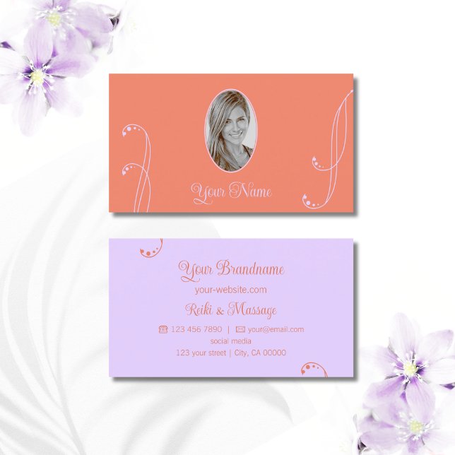 Coral Lavender Chic Verziert mit Portrait Foto Visitenkarte (Von Creator hochgeladen)