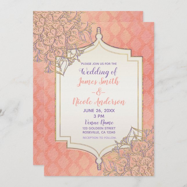 Coral Lavender Gold marokkanische Glam Indian Wedd Einladung (Vorne/Hinten)