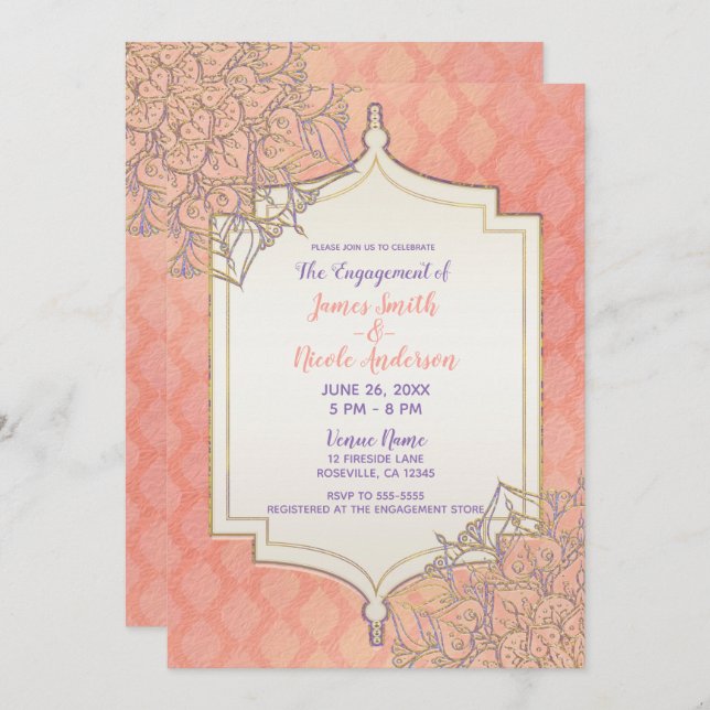 Coral Lavender Gold marokkanische indische Verlobu Einladung (Vorne/Hinten)