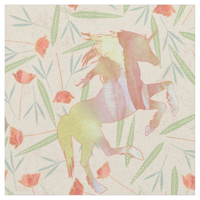 Coral Lmon Gelb Rosa Einhornmuster Stoff (Nahaufnahme)