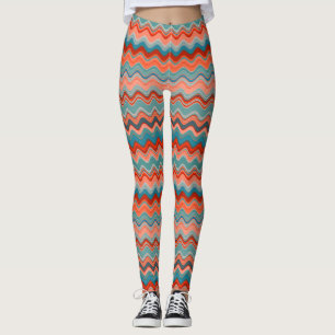 Coral Lmon Orange Aquamarin Wavy Zigzag Muster Leggings