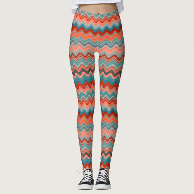 Coral Lmon Orange Aquamarin Wavy Zigzag Muster Leggings (Vorderseite)