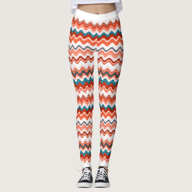 Coral Lmon Orange Blue Wavy Zigzag Muster Leggings (Vorderseite)