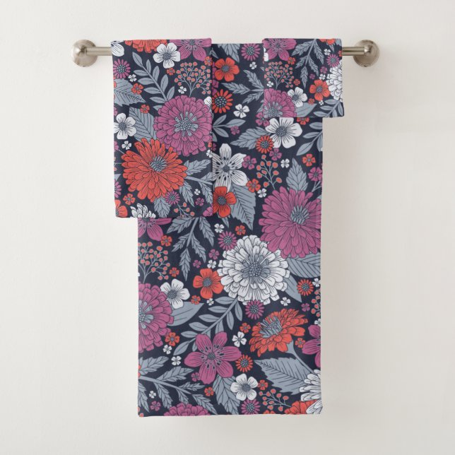 Coral, Magenta & Blue Zinnias Floral Badhandtuch Set (Insitu)