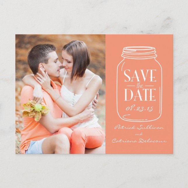 Coral Mason Jar Foto Save the Date Postkarte (Vorderseite)