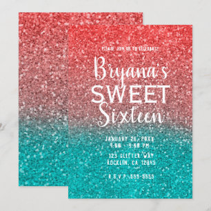 Coral Melon Orange Aquamarin Aqua Glitzer Sweet 16 Einladung