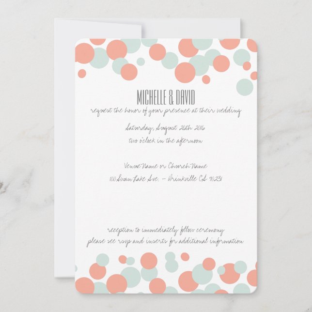 Coral & Mint Bubbles Confetti Hochzeitseinladungen Einladung (Vorderseite)