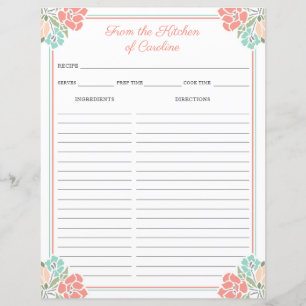 Coral & Mint Floral Cookbook Binder Rezept Blätter