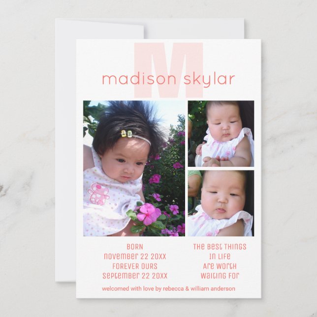 Coral Monogram Einfache Adoption 3 FotoCollage Ankündigung (Vorderseite)