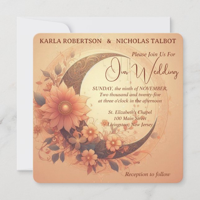 Coral Moonflower Blues Rounded Wedding Einladung (Vorderseite)