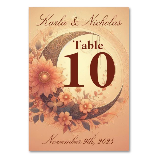 Coral Moonflower Wedding Tischnummer (Vorderseite)