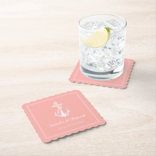 Coral Nautical Anchor Wedding Paper Untersetzer (Vor Ort)