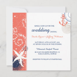Coral Navy Blue White Nautical Wedding Einladung