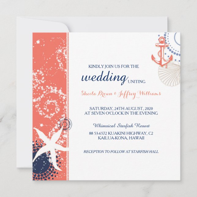 Coral Navy Blue White Nautical Wedding Einladung (Vorderseite)