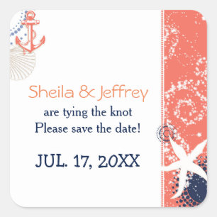 Coral Navy Blue White Nautical Wedding Quadratischer Aufkleber