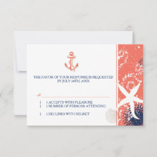 Coral Navy Blue White Nautical Wedding RSVP Karte