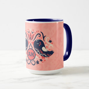 Coral Navy Mit Monogramm Folk Art Vogeldekor Tasse
