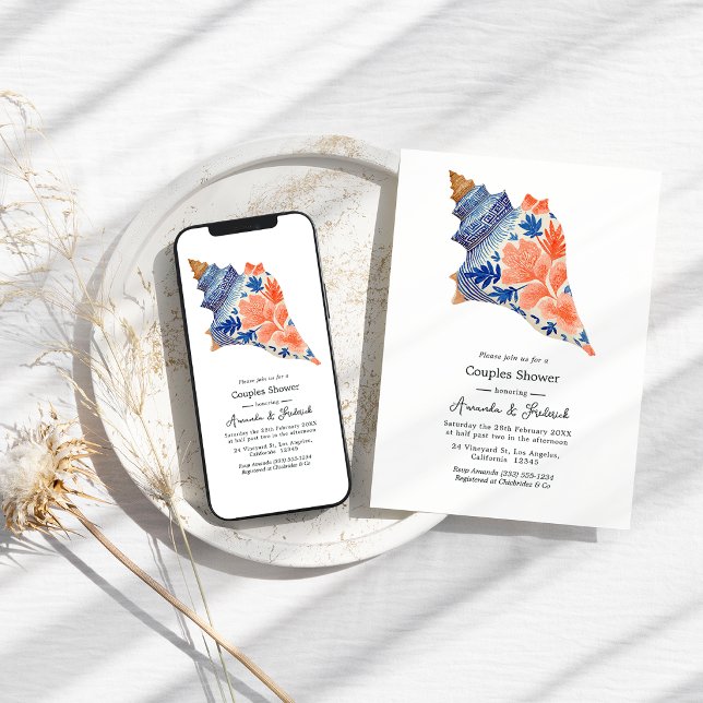 Coral & Navy Seashell Coastal Beach Couples Shower Einladung (Coral & Navy Seashell Coastal Beach Couples Shower Invitation)