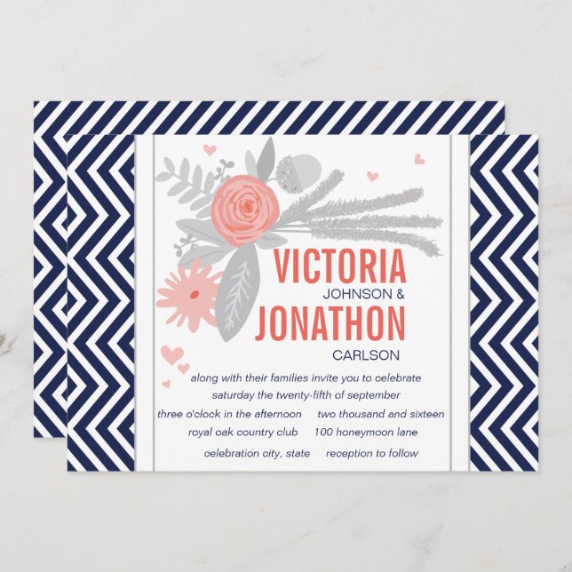 Coral Navy und Gray Zig Zag Typografy Wedding Einladung (Vorne/Hinten)
