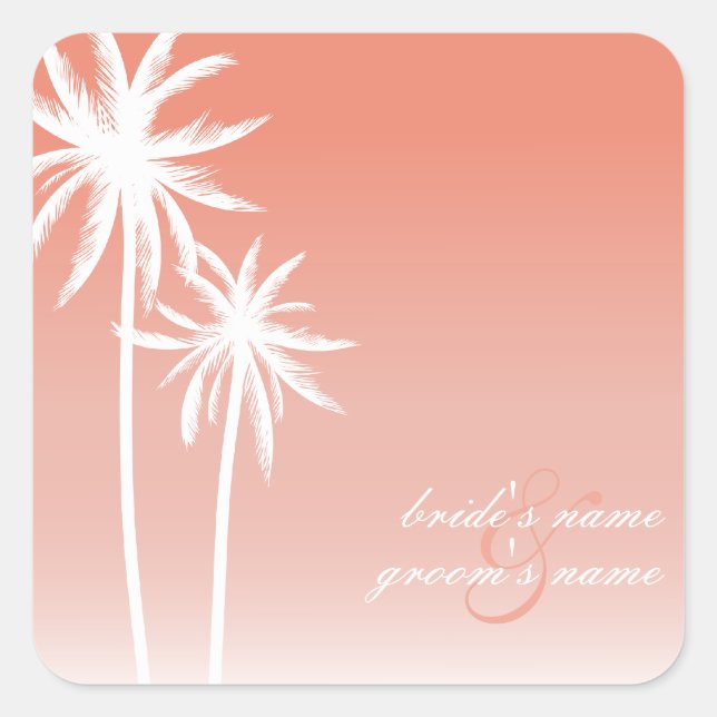 Coral Ombré Palm Trees Beach Wedding Sticker (Vorderseite)