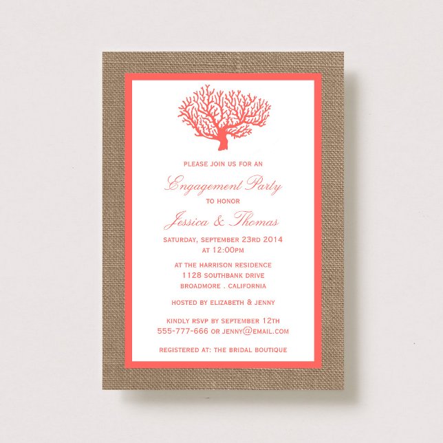 Coral on Burlap Boho Beach Engagement Party Einladung (Von Creator hochgeladen)